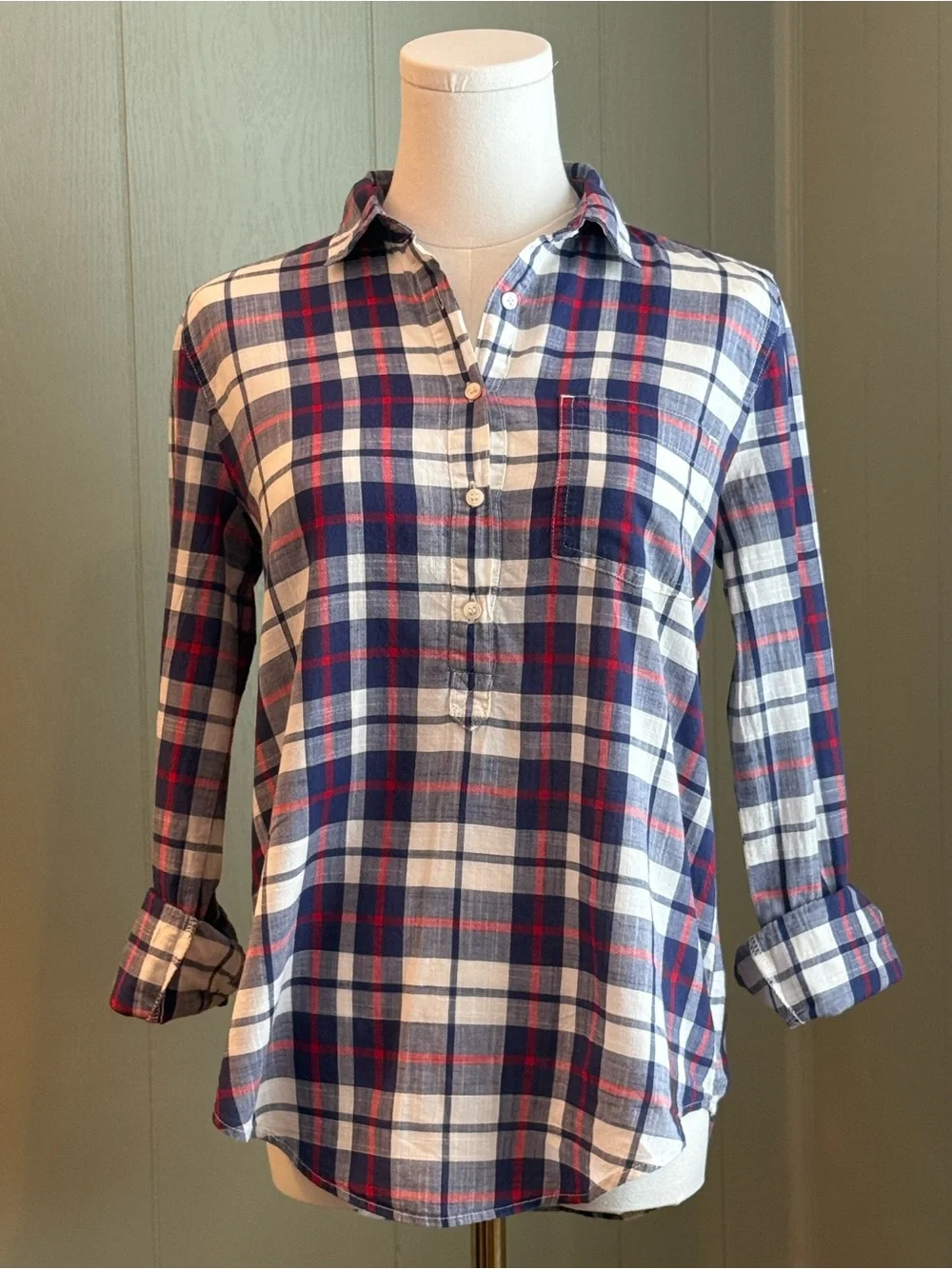 J. Crew Women’s Plaid Long-Sleeve Half Button-Down Popover Size XS 100% Cotton